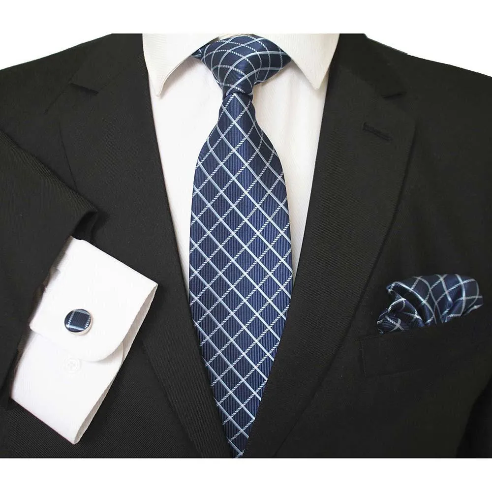 Navy Blue & White Designer Silk Floral Necktie with Matching Cufflinks & Pocket Square Set for Men