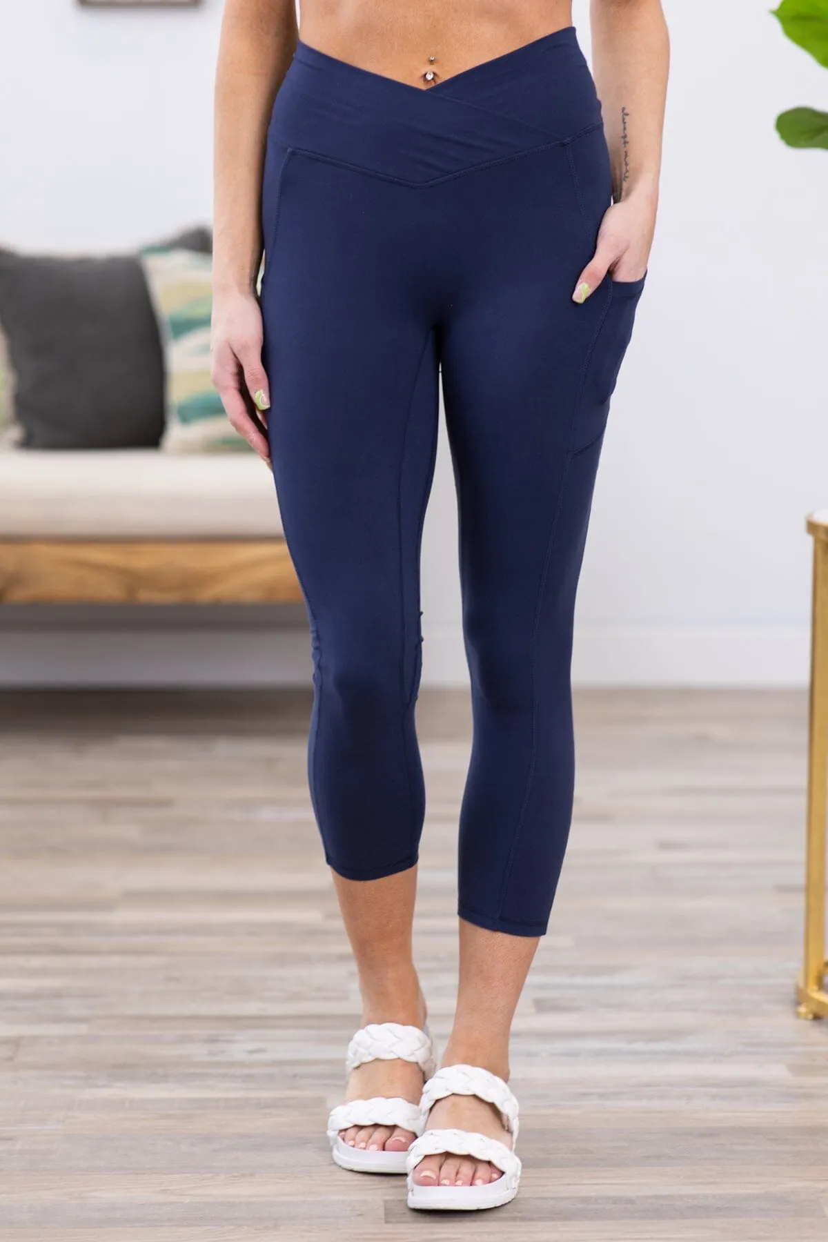 Navy Crossover Waist Side Pocket Leggings