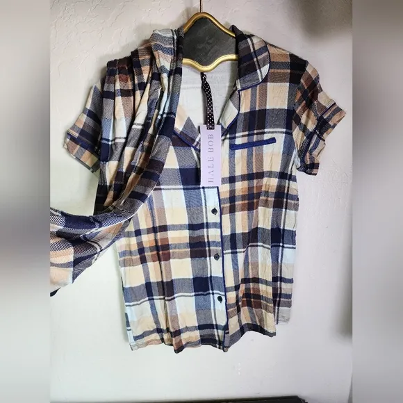 NEW Hale Bob Natural Plaid Pajama Set Size XS