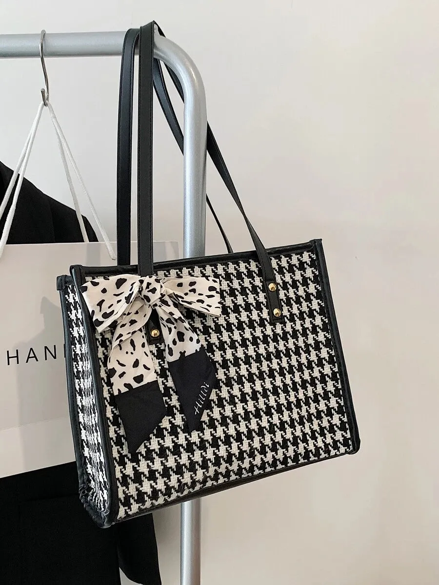 New Shein Twilly Scarf Decor Houndstooth Pattern Shoulder Tote Bag! Rated 4.89 out of 5 stars!