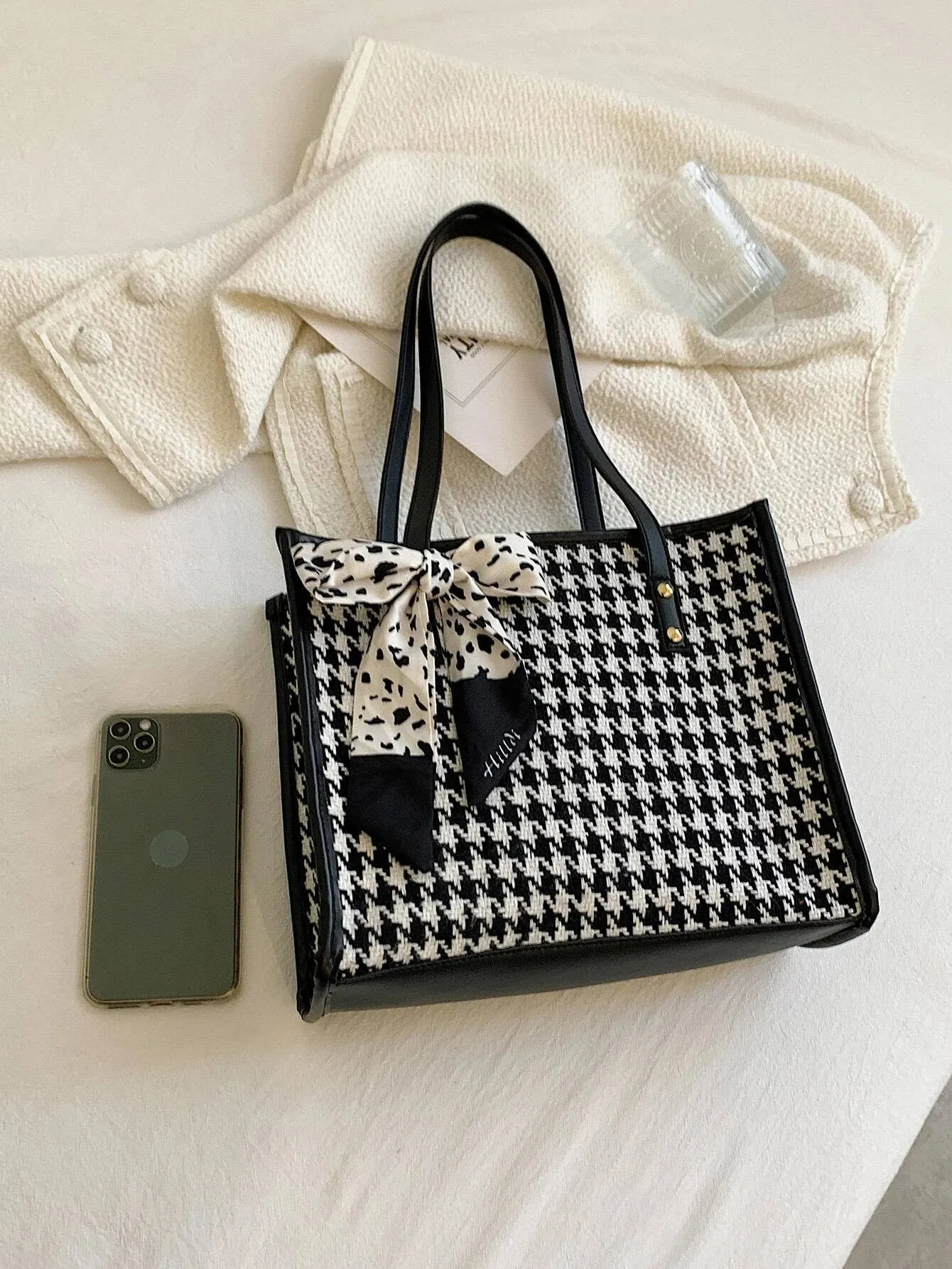 New Shein Twilly Scarf Decor Houndstooth Pattern Shoulder Tote Bag! Rated 4.89 out of 5 stars!