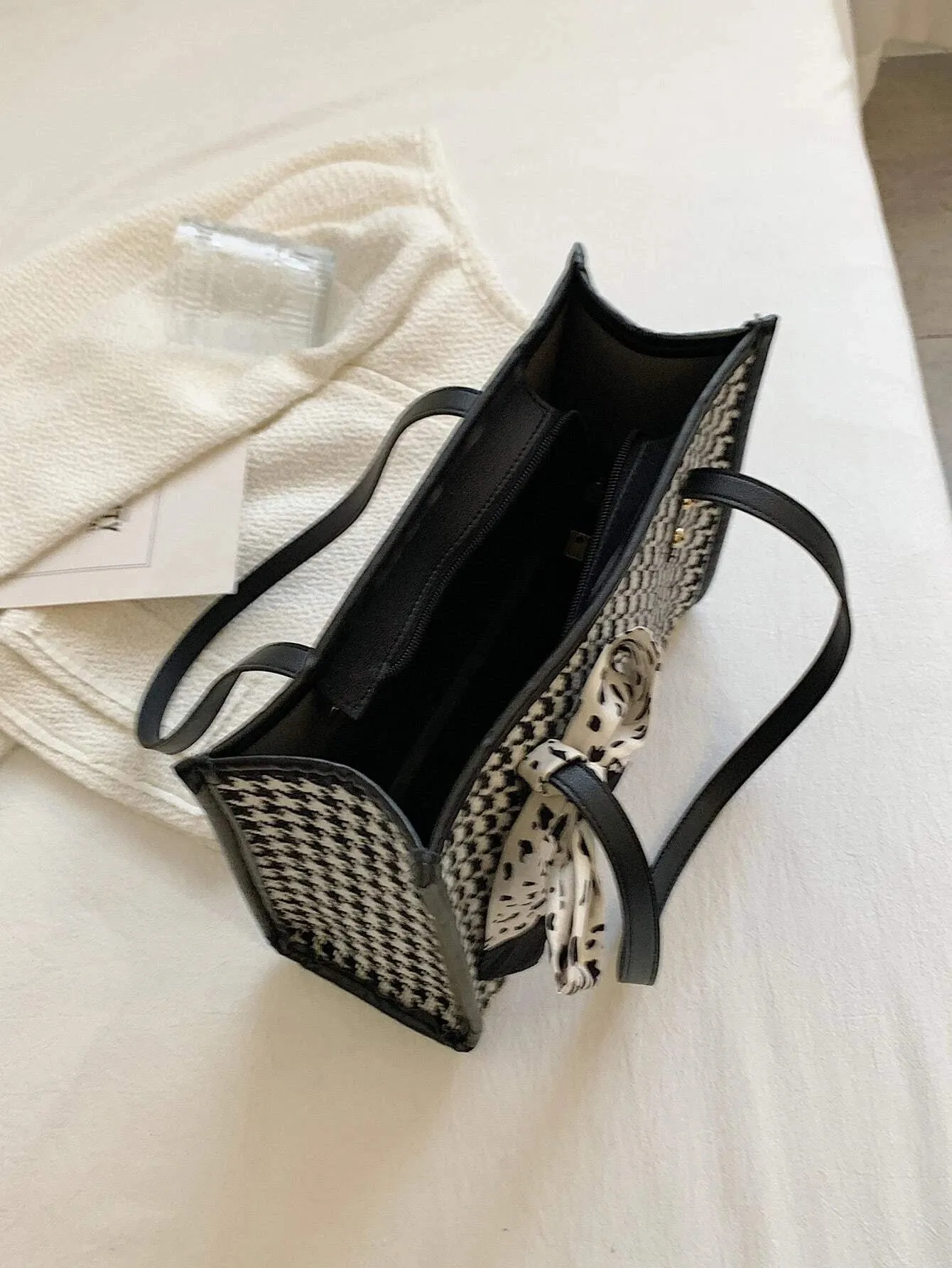 New Shein Twilly Scarf Decor Houndstooth Pattern Shoulder Tote Bag! Rated 4.89 out of 5 stars!