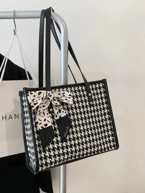 New Shein Twilly Scarf Decor Houndstooth Pattern Shoulder Tote Bag! Rated 4.89 out of 5 stars!