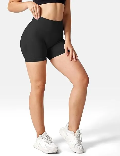 NEW YEOREO Women High Waist Workout Yoga Gym Smile Contour Seamless Cycling Shorts, Solid Black, Sz M