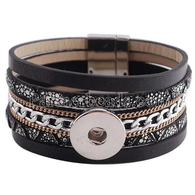 Newest Partnerbeads snap bracelets jewelry 8.26 inch PU leather bracelets fit 18-20mm