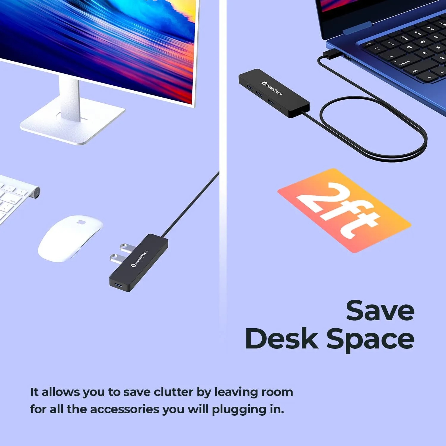 NOV8TECH 4 Port USB Hub with 2ft Extended Cable - Compatible with PC, Laptops, MacBook Pro & Air M1 M2 2016-2023