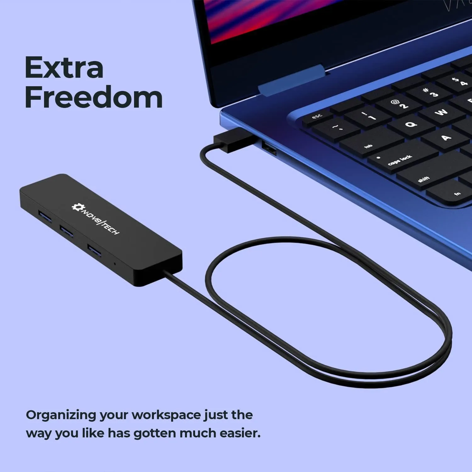 NOV8TECH 4 Port USB Hub with 2ft Extended Cable - Compatible with PC, Laptops, MacBook Pro & Air M1 M2 2016-2023