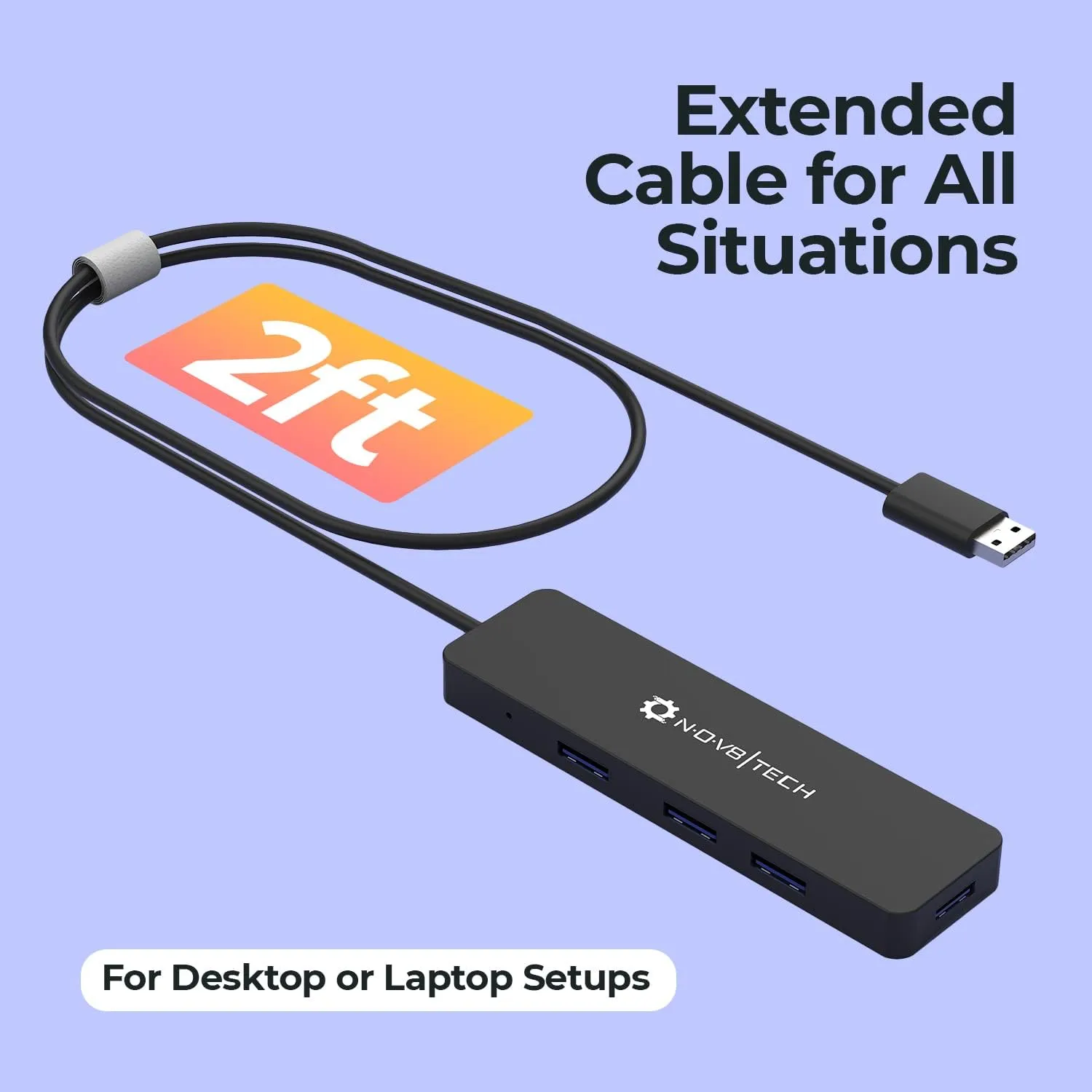 NOV8TECH 4 Port USB Hub with 2ft Extended Cable - Compatible with PC, Laptops, MacBook Pro & Air M1 M2 2016-2023