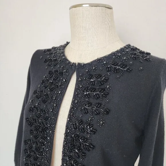 NWT Talbots Wool Blend Night-out Beaded Embellished Cardigan 3/4 Sleeve Black