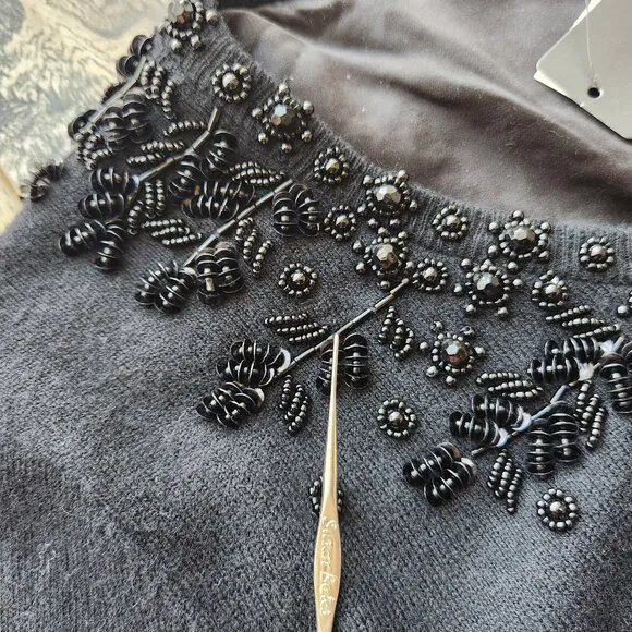 NWT Talbots Wool Blend Night-out Beaded Embellished Cardigan 3/4 Sleeve Black