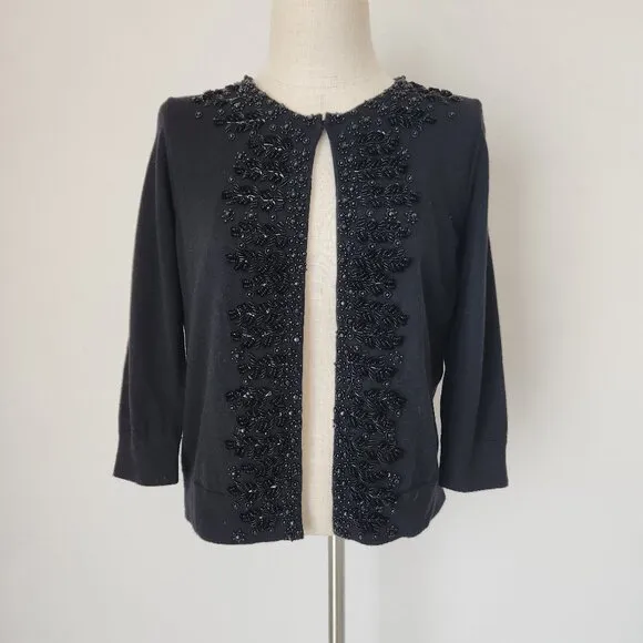 NWT Talbots Wool Blend Night-out Beaded Embellished Cardigan 3/4 Sleeve Black