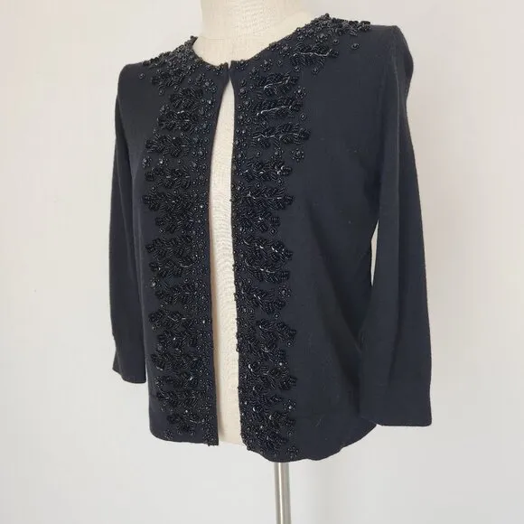 NWT Talbots Wool Blend Night-out Beaded Embellished Cardigan 3/4 Sleeve Black