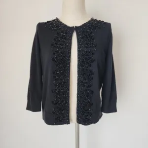 NWT Talbots Wool Blend Night-out Beaded Embellished Cardigan 3/4 Sleeve Black