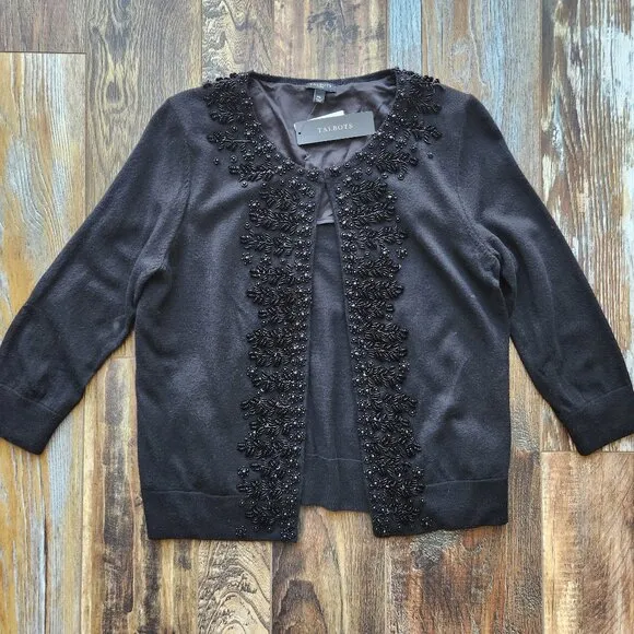 NWT Talbots Wool Blend Night-out Beaded Embellished Cardigan 3/4 Sleeve Black