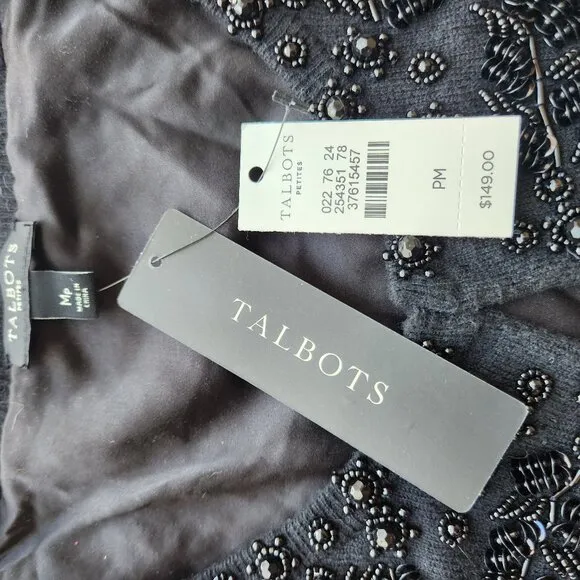 NWT Talbots Wool Blend Night-out Beaded Embellished Cardigan 3/4 Sleeve Black