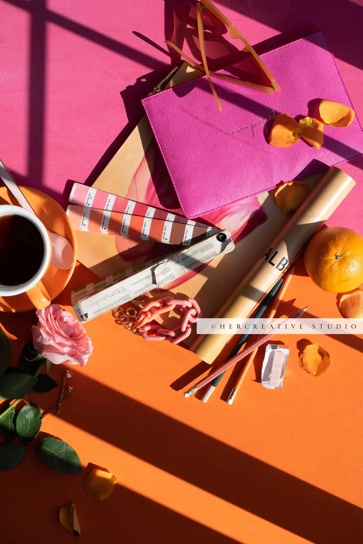 Orange and Pink Workspace. Stock Photo