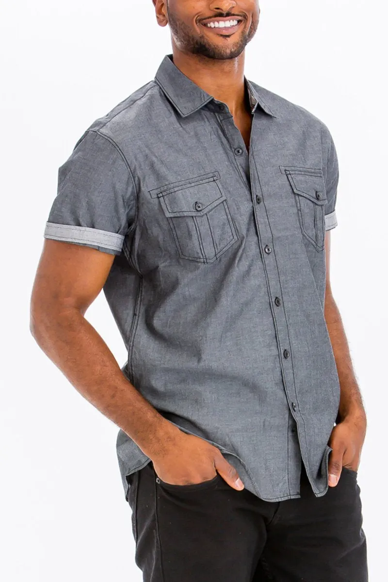 OUTLINE STITCH SHORT SLEEVE BUTTON DOWN SHIRT