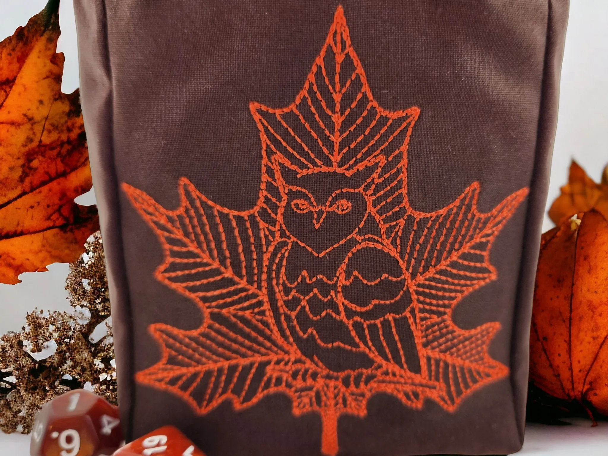 Owl and leaf dice bag
