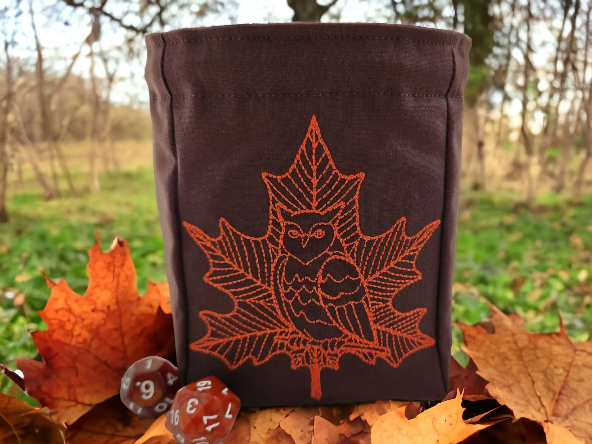 Owl and leaf dice bag
