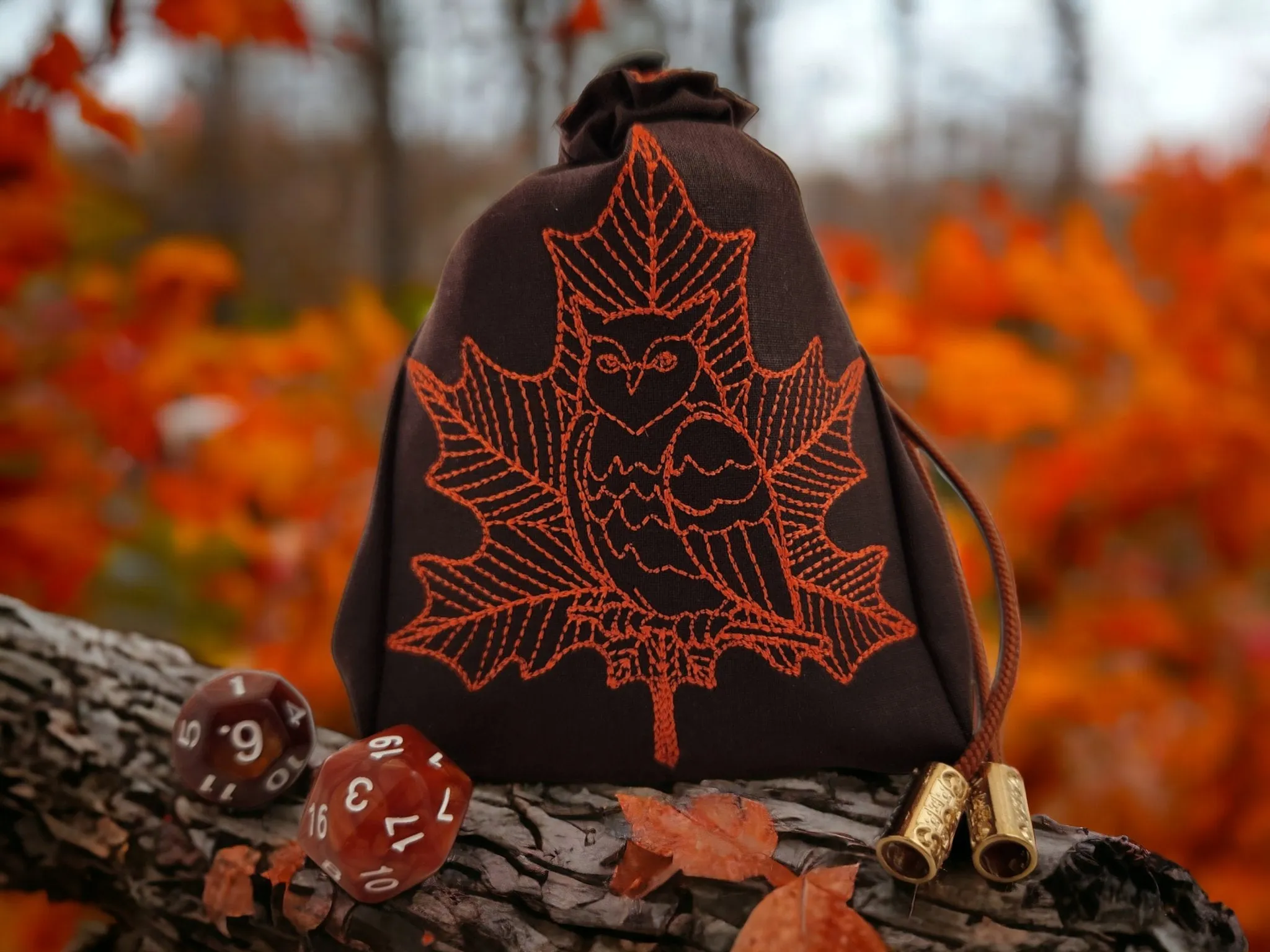 Owl and leaf dice bag
