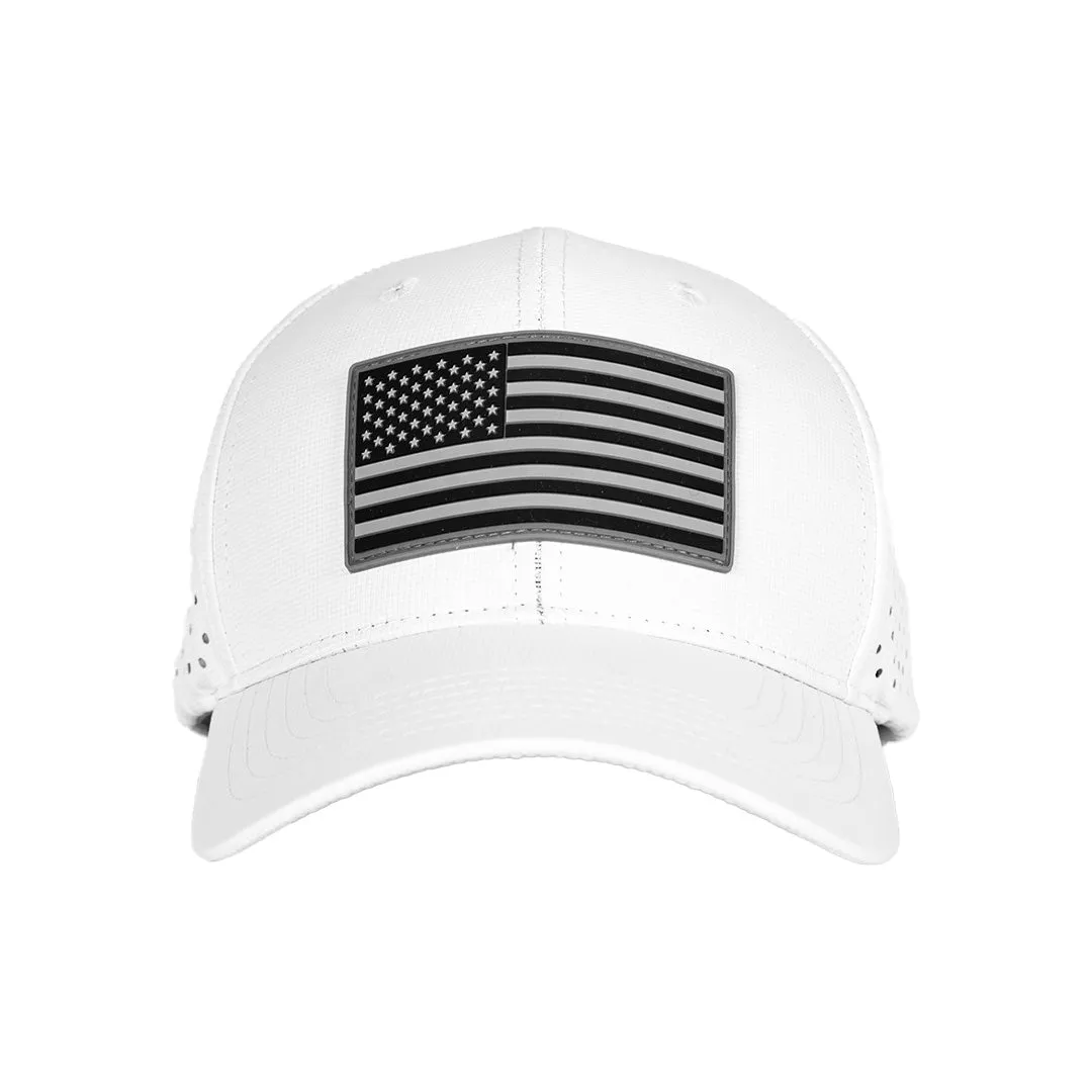 Performance Snapback| Blackout American Flag | White