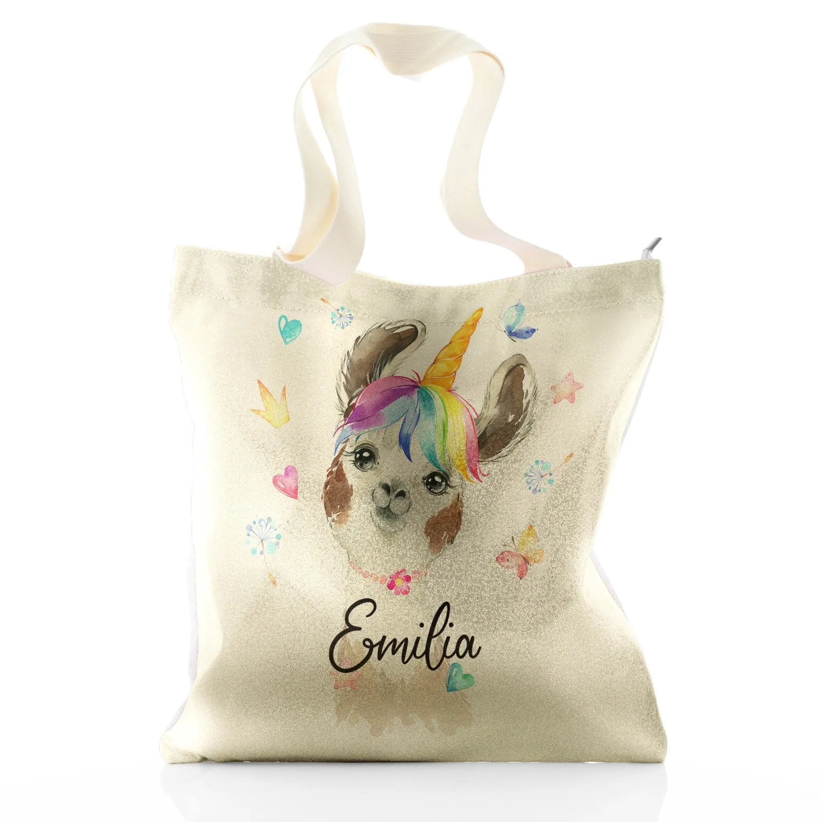 Personalised Glitter Tote Bag with Alpaca Unicorn with Rainbow Hair Hearts Stars and Cute Text