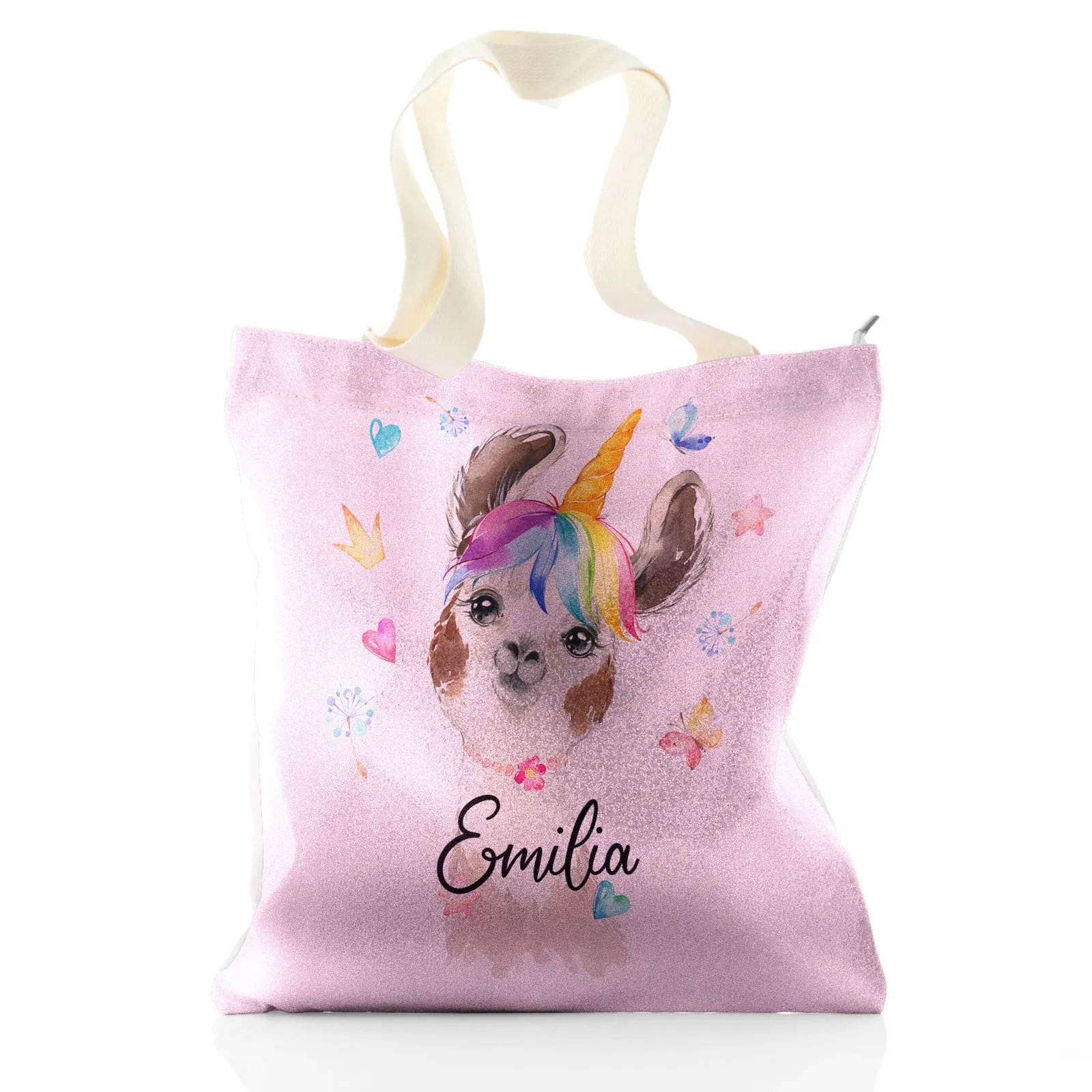 Personalised Glitter Tote Bag with Alpaca Unicorn with Rainbow Hair Hearts Stars and Cute Text
