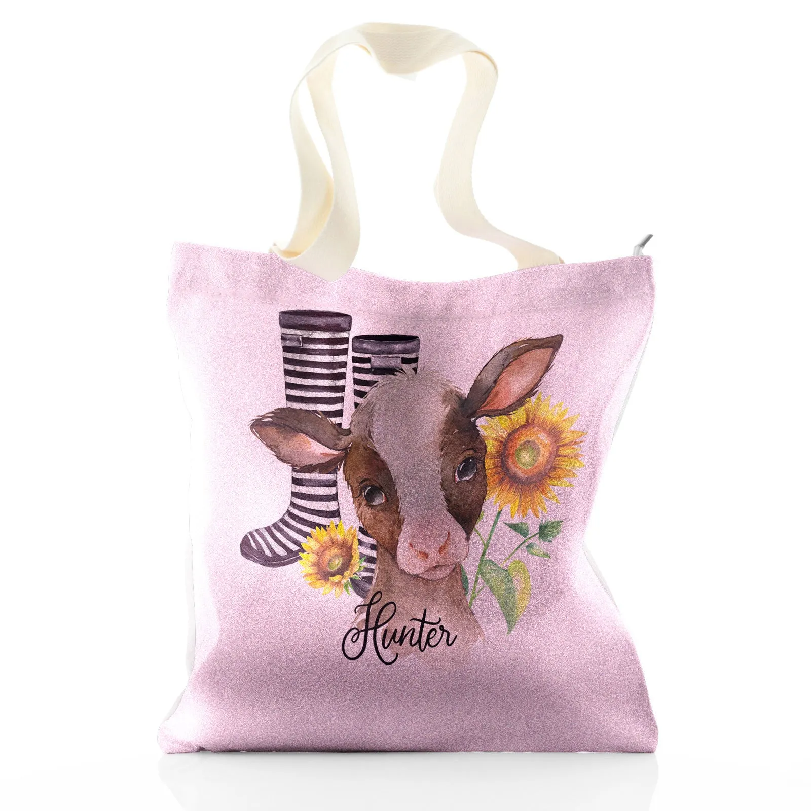 Personalised Glitter Tote Bag with Brown Cow Yellow Sunflowers and Cute Text