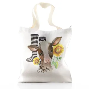 Personalised Glitter Tote Bag with Brown Cow Yellow Sunflowers and Cute Text