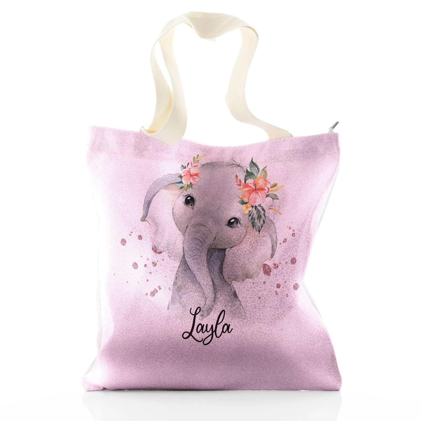 Personalised Glitter Tote Bag with Elephant Rain Drop Glitter Print and Cute Text