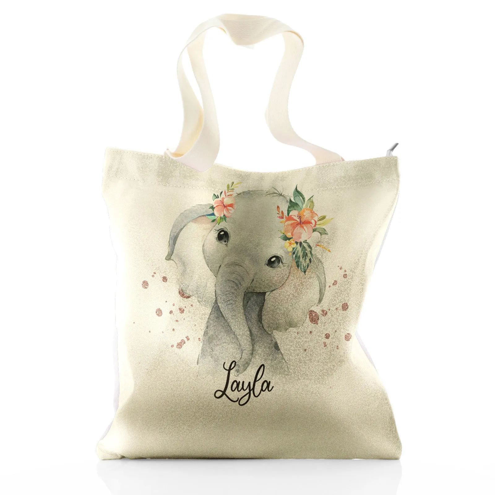 Personalised Glitter Tote Bag with Elephant Rain Drop Glitter Print and Cute Text
