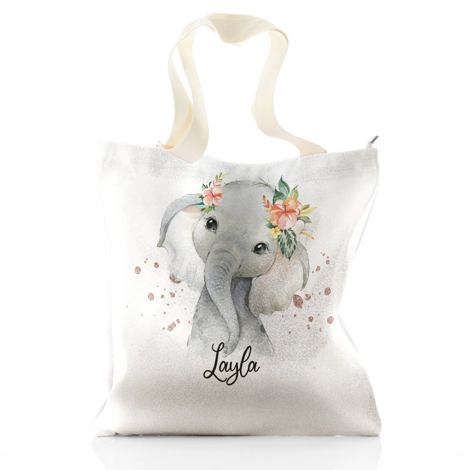 Personalised Glitter Tote Bag with Elephant Rain Drop Glitter Print and Cute Text