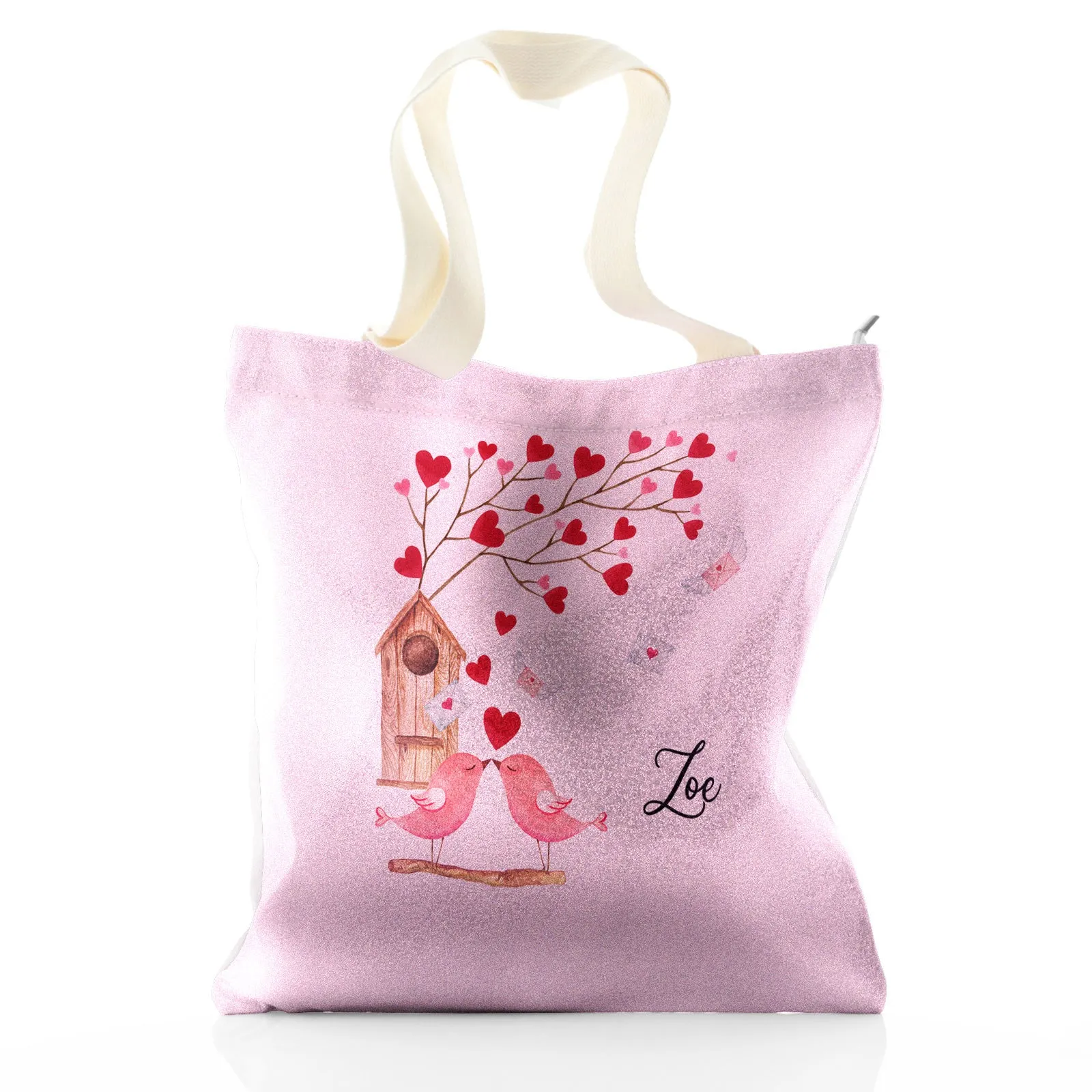 Personalised Glitter Tote Bag with Stylish Text and Love Bird Letters Print