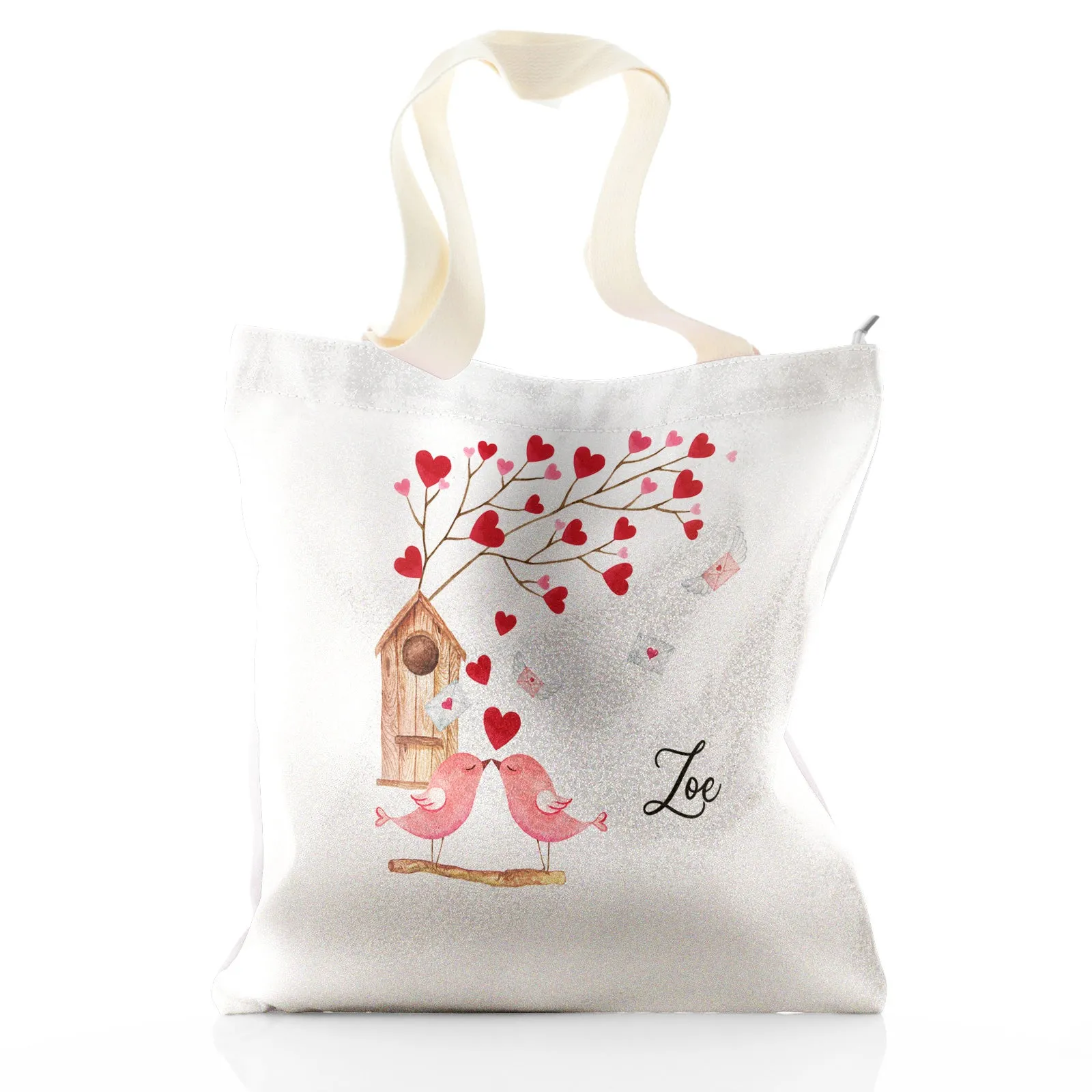 Personalised Glitter Tote Bag with Stylish Text and Love Bird Letters Print