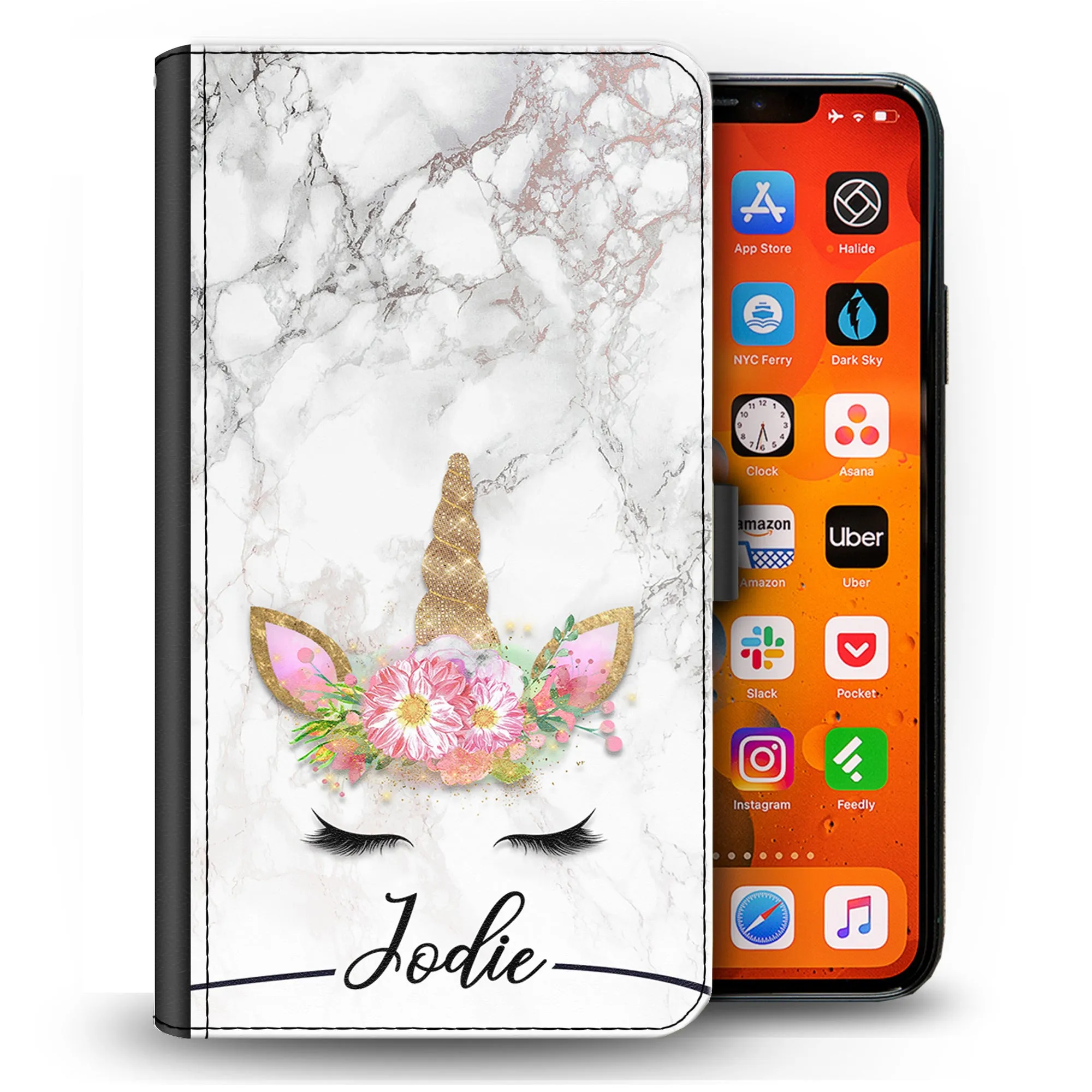 Personalised Honor Phone Leather Wallet with Gold Floral Unicorn and Text on Grey Marble