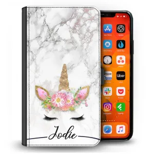 Personalised Honor Phone Leather Wallet with Gold Floral Unicorn and Text on Grey Marble