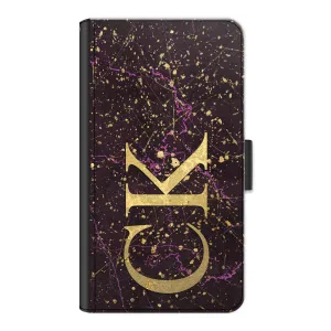 Personalised HTC Phone Leather Wallet with Gold Initials on Pink and Gold Infused Black Marble