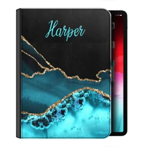 Personalised Leather iPad Case - Black and Aqua Marble with Name