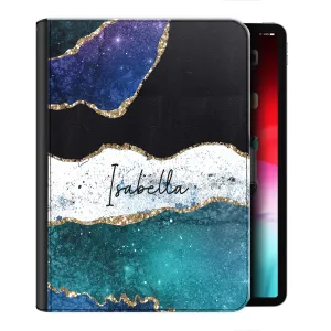 Personalised Leather iPad Case - Blue & Black Marble with Text