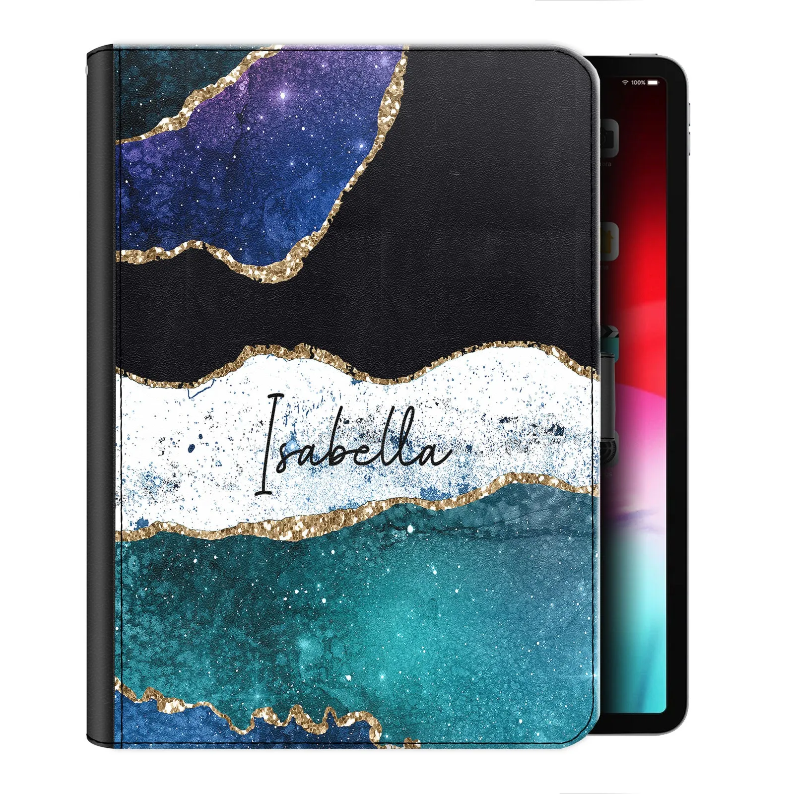 Personalised Leather iPad Case - Blue & Black Marble with Text