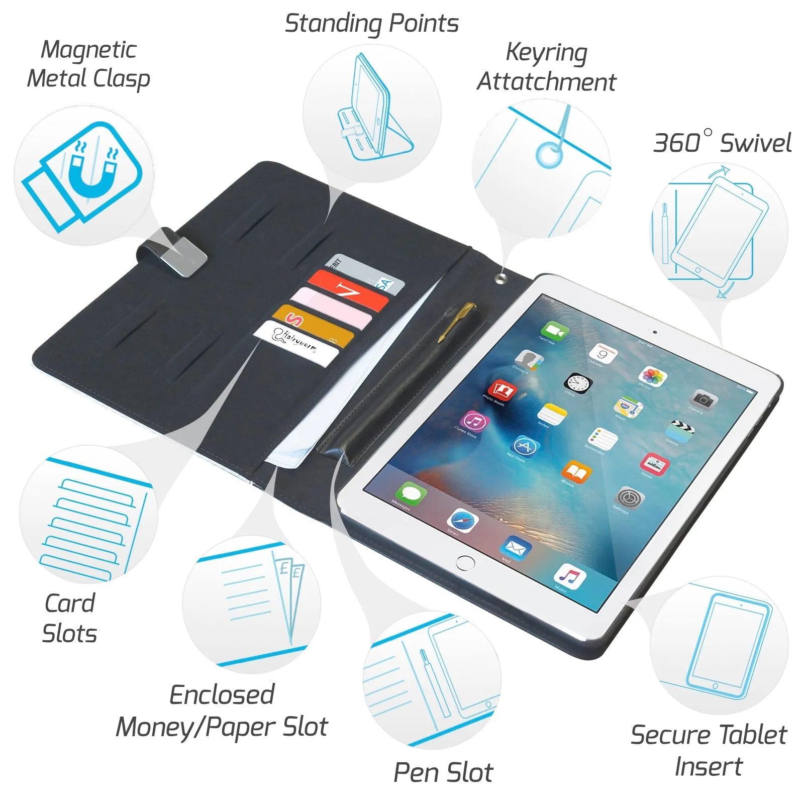 Personalised Leather iPad Case - Blue & Black Marble with Text