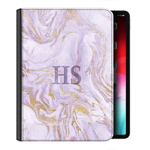 Personalised Leather iPad Case - Gold Infused Purple Marble with Monogram