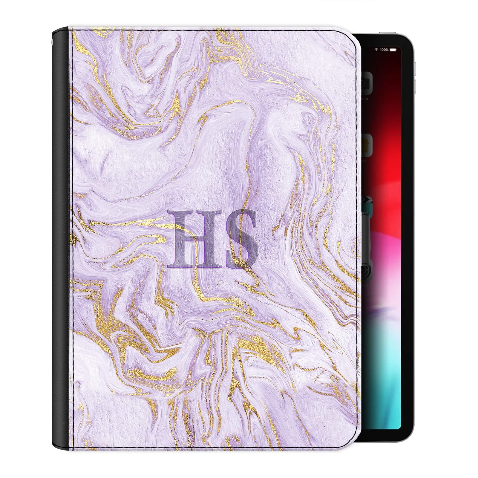 Personalised Leather iPad Case - Gold Infused Purple Marble with Monogram