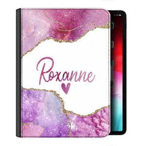 Personalised Leather iPad Case - White with Rose Pink Marble with Name