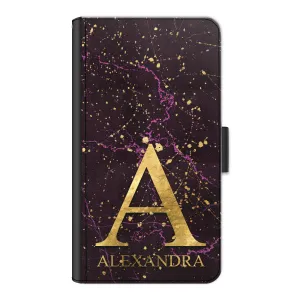 Personalised LG Phone Leather Wallet with Gold Monogram and Text on Pink and Gold Infused Black Marble