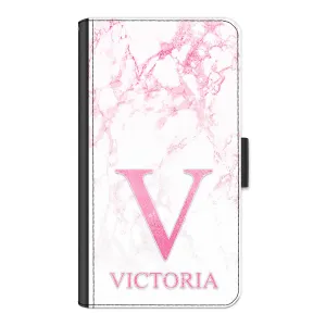 Personalised LG Phone Leather Wallet with Pink Monogram and Text on Pink Marble