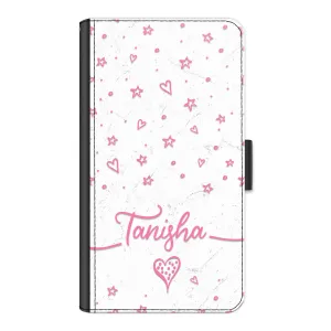 Personalised Motorola Phone Leather Wallet with Pink Stylish text, Stars and Hearts on White Marble