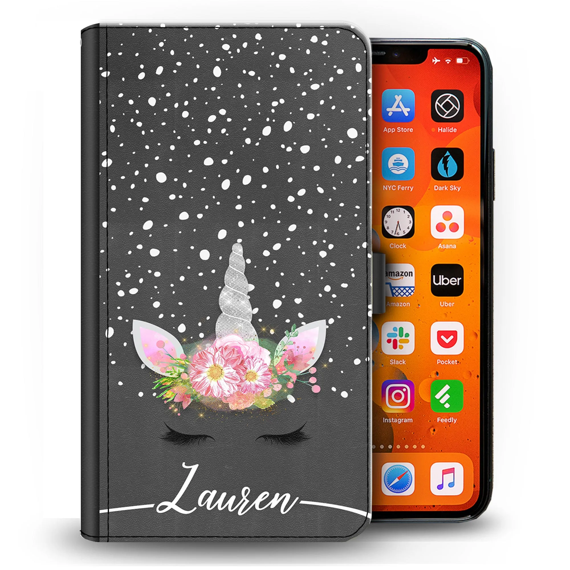 Personalised Motorola Phone Leather Wallet with Silver Floral Unicorn and Text on Dark Grey