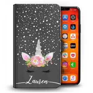 Personalised Motorola Phone Leather Wallet with Silver Floral Unicorn and Text on Dark Grey