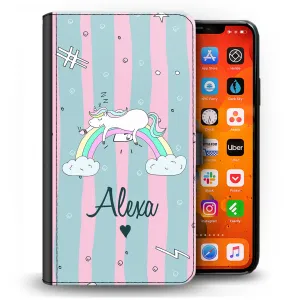 Personalised OnePlus Phone Leather Wallet with Sleeping Unicorn and Rainbow on Cartoon Stripes